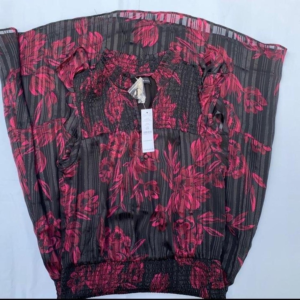 NWT WHBM Smocked Waist Midi‎ Ruffle Black Floral Shimmer Black Dahlia High Neck - Picture 8 of 9